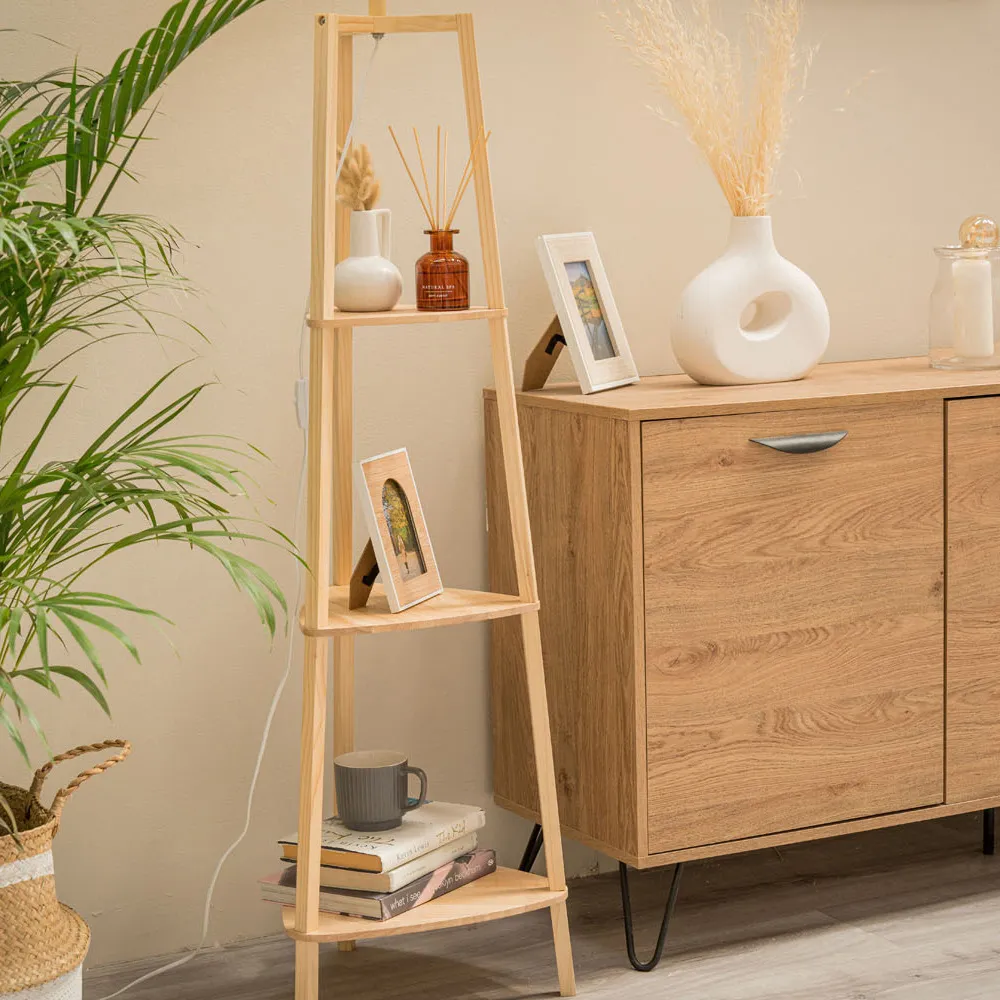 Hiru 3 Shelf Tripod Floor Lamp Base with Storage - Natural Wood