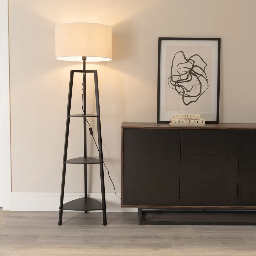 Hiru 3 Shelf Tripod Floor Lamp with Linen Shade - Black