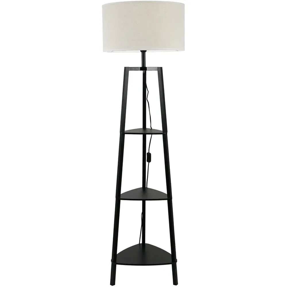 Hiru 3 Shelf Tripod Floor Lamp with Linen Shade - Black