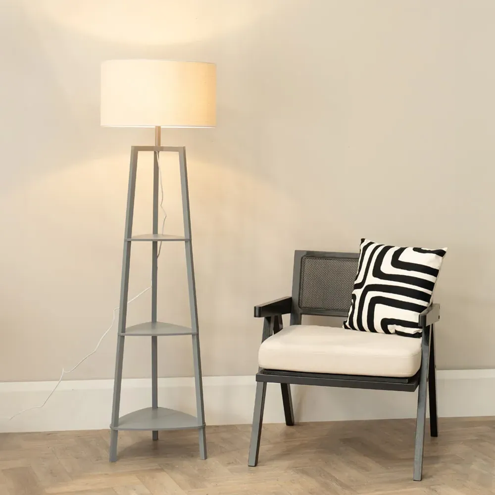 Hiru 3 Shelf Tripod Floor Lamp with Linen Shade - Grey