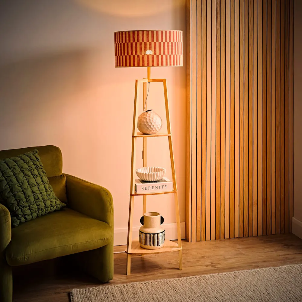 Hiru Tripod Floor Lamp with Shelves - Orange, Bamboo