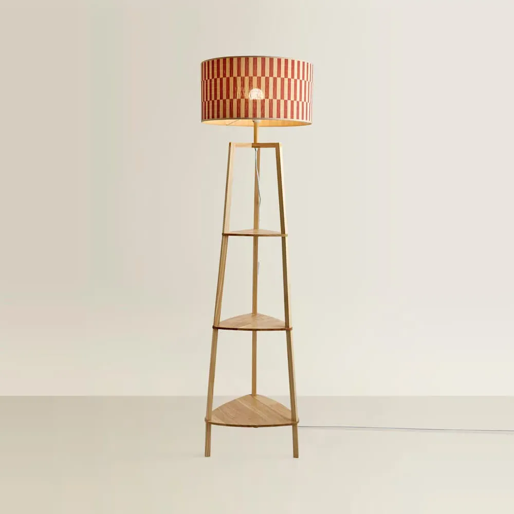 Hiru Tripod Floor Lamp with Shelves - Orange, Bamboo