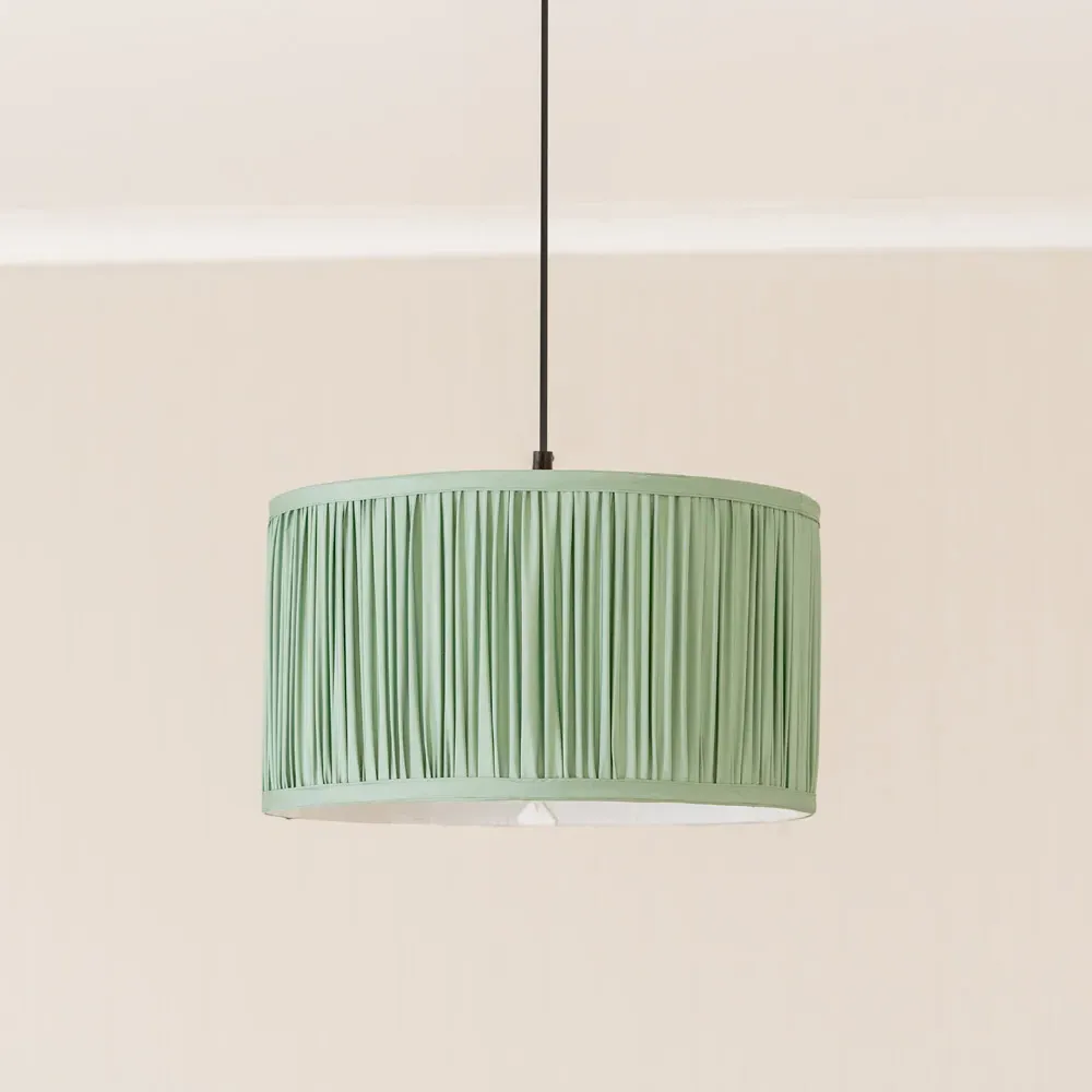 Jess Large Drum Lamp Shade Ruched Pleated - Green, Faux Silk