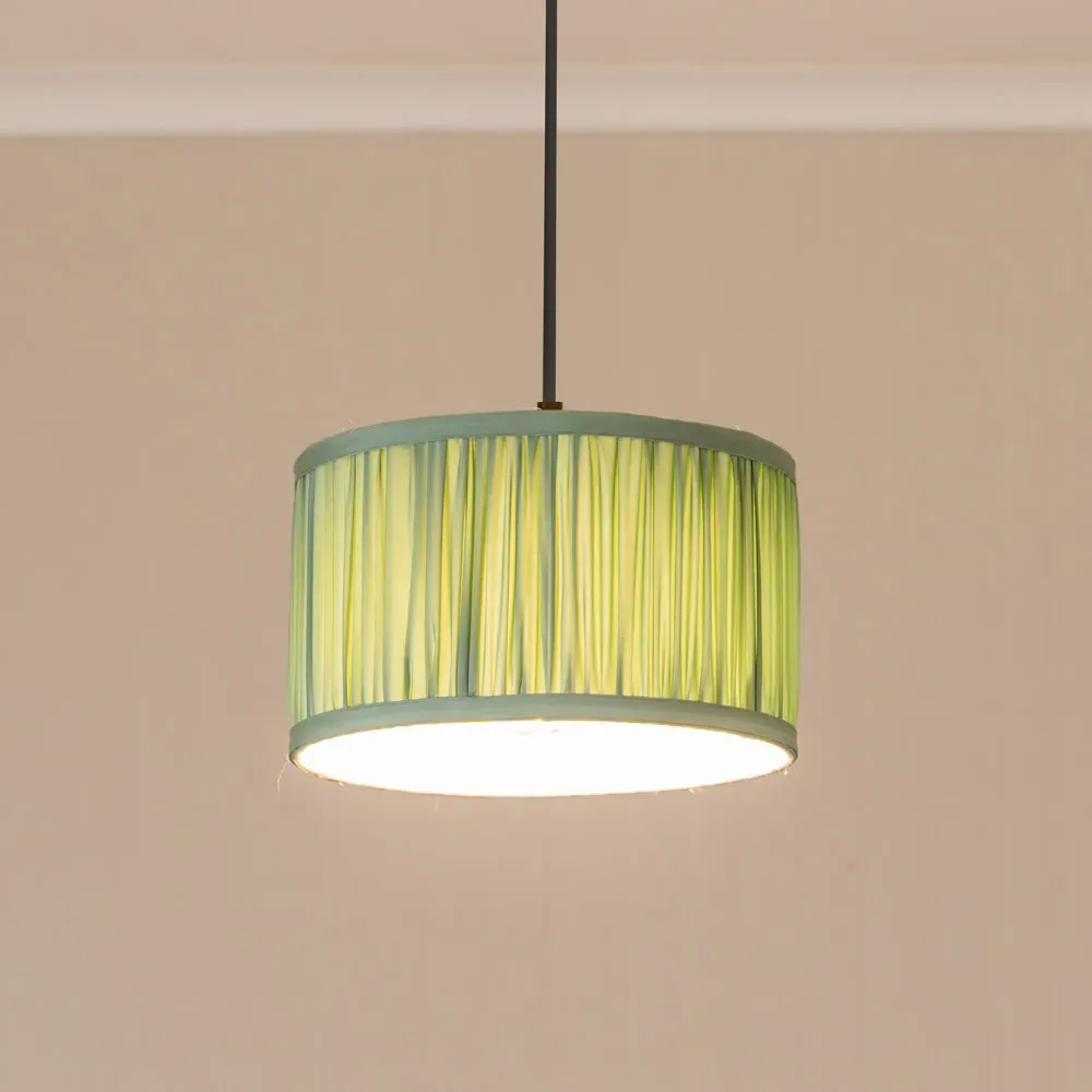 Jess Small Drum Lamp Shade Ruched Pleated - Green, Faux Silk