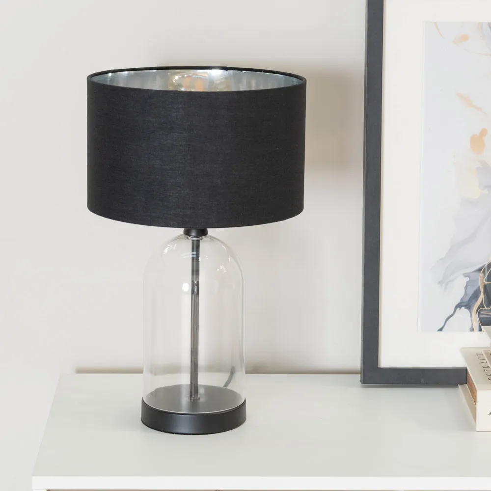 Jessy Glass Bell Jar Table Lamp - Black, Chrome Velvet Shade