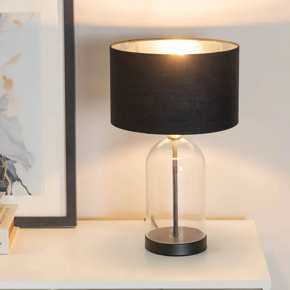 Jessy Glass Bell Jar Table Lamp - Black, Chrome Velvet Shade