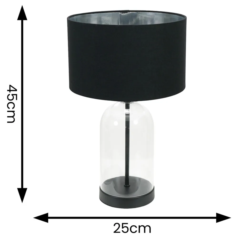 Jessy Glass Bell Jar Table Lamp - Black, Chrome Velvet Shade