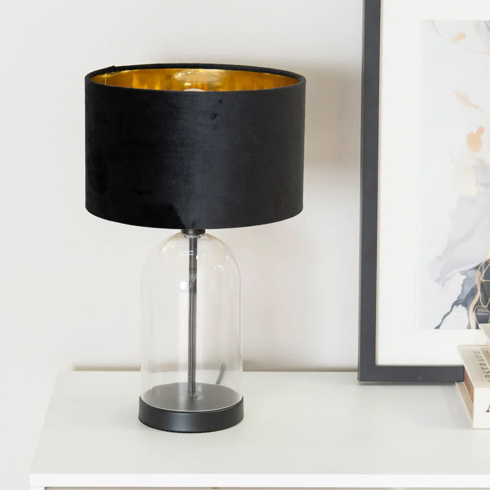 Jessy Glass Bell Jar Table Lamp - Black, Gold Velvet Shade