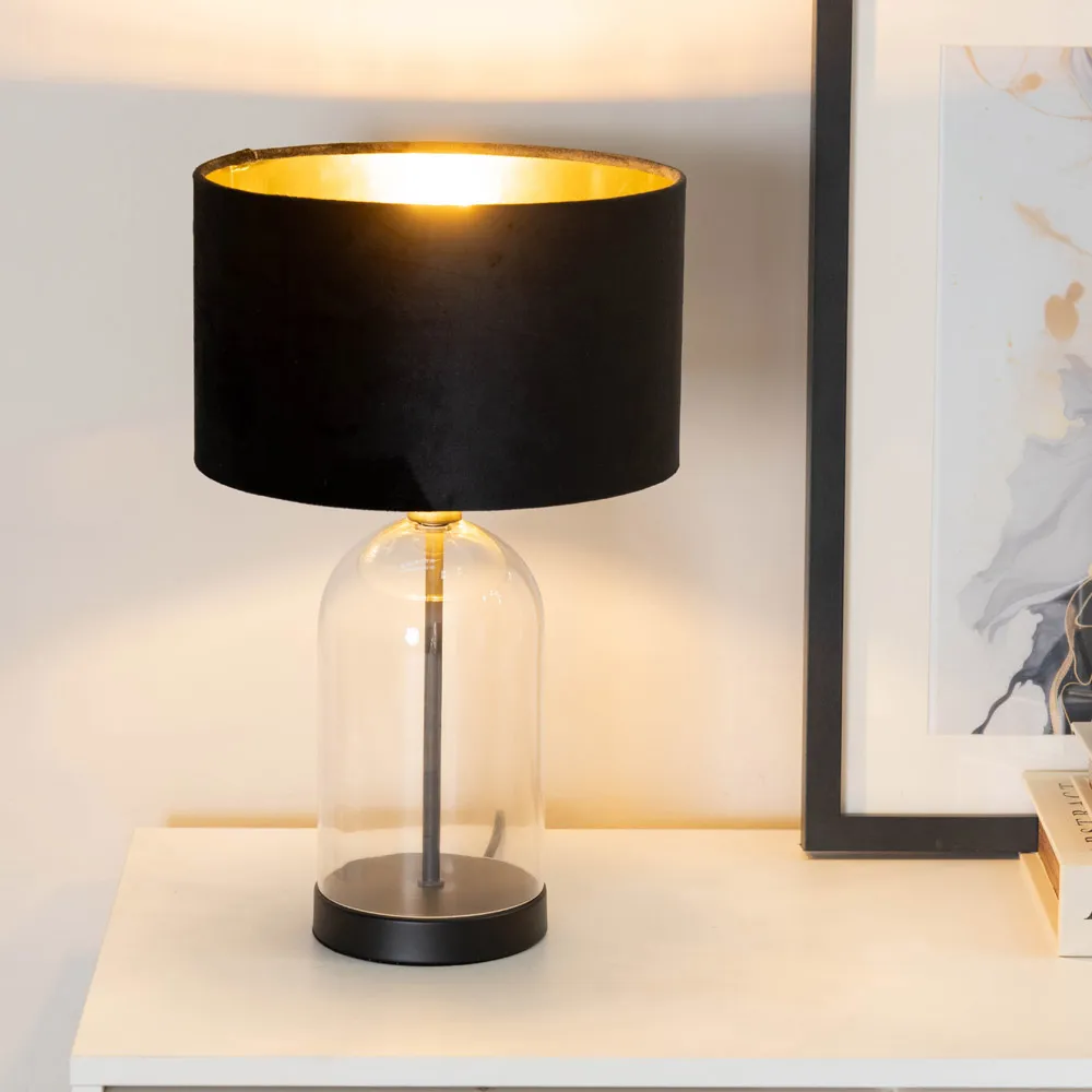 Jessy Glass Bell Jar Table Lamp - Black, Gold Velvet Shade