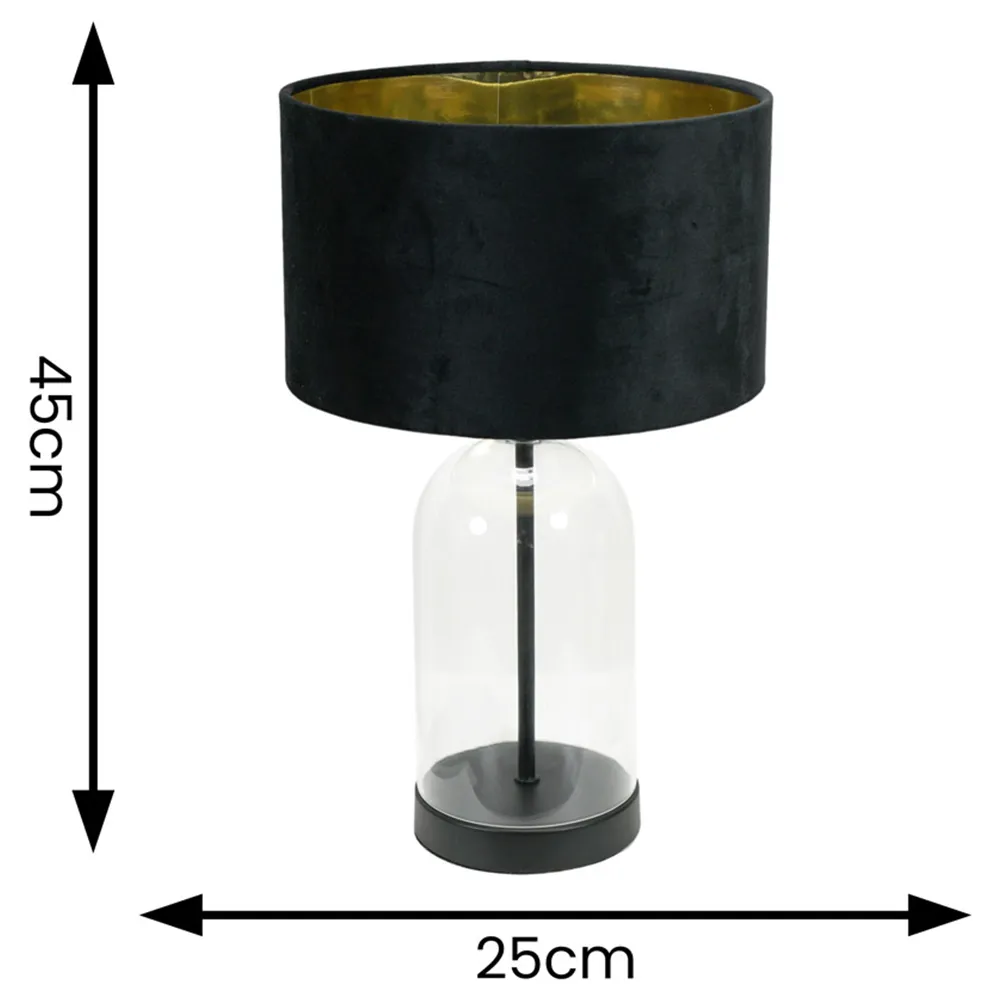 Jessy Glass Bell Jar Table Lamp - Black, Gold Velvet Shade