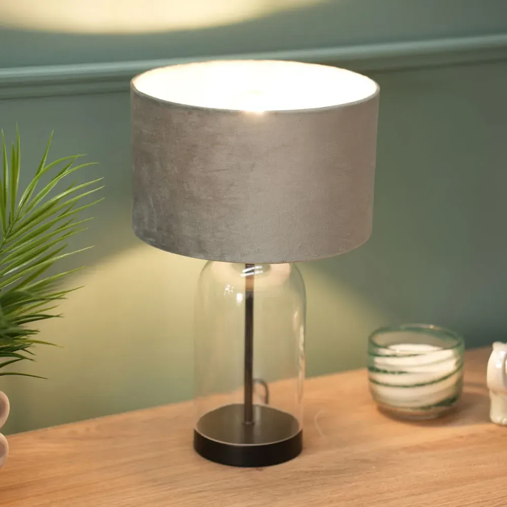 Jessy Glass Table Lamp with Black Trim - Grey, Glass