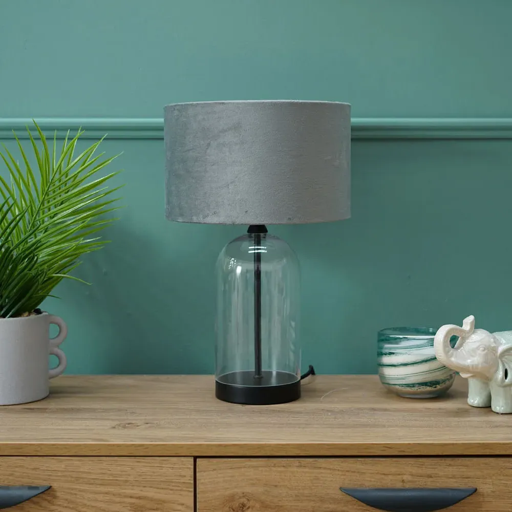 Jessy Glass Table Lamp with Black Trim - Grey, Glass