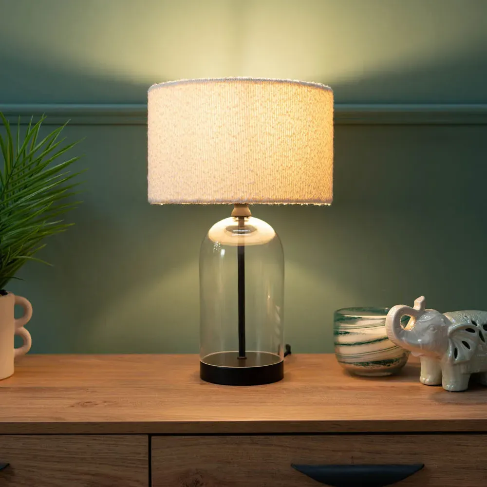 Jessy Glass Table Lamp with Boucle Shade - Cream, Glass