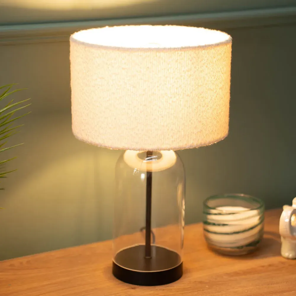 Jessy Glass Table Lamp with Boucle Shade - Cream, Glass