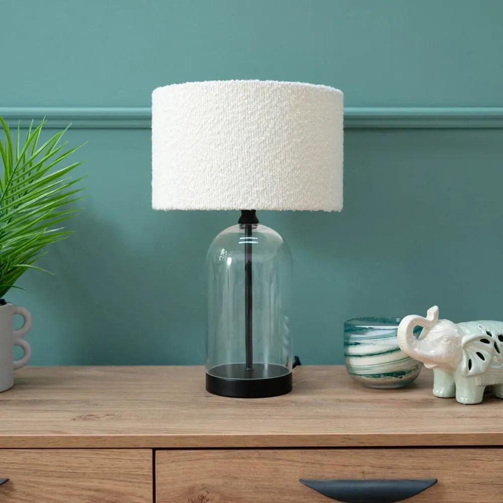 Jessy Glass Table Lamp with Boucle Shade - Cream, Glass