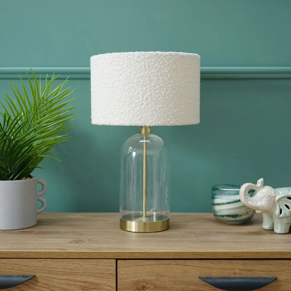 Jessy Glass Table Lamp with Boucle Shade - Cream, Glass