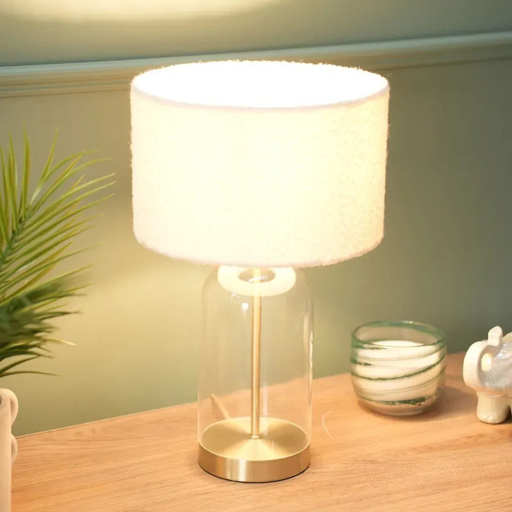 Jessy Glass Table Lamp with Boucle Shade - Cream, Glass