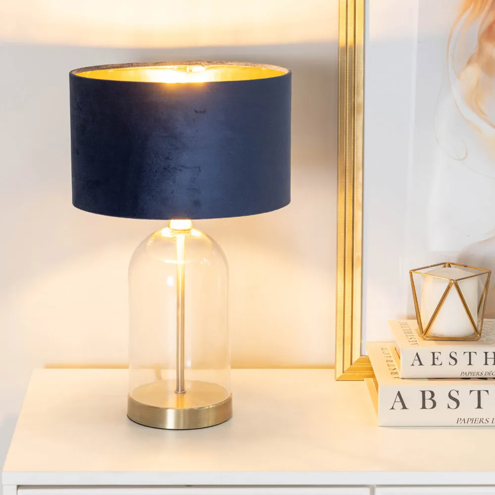 Jessy Glass Table Lamp with Gold Interior - Navy, Glass