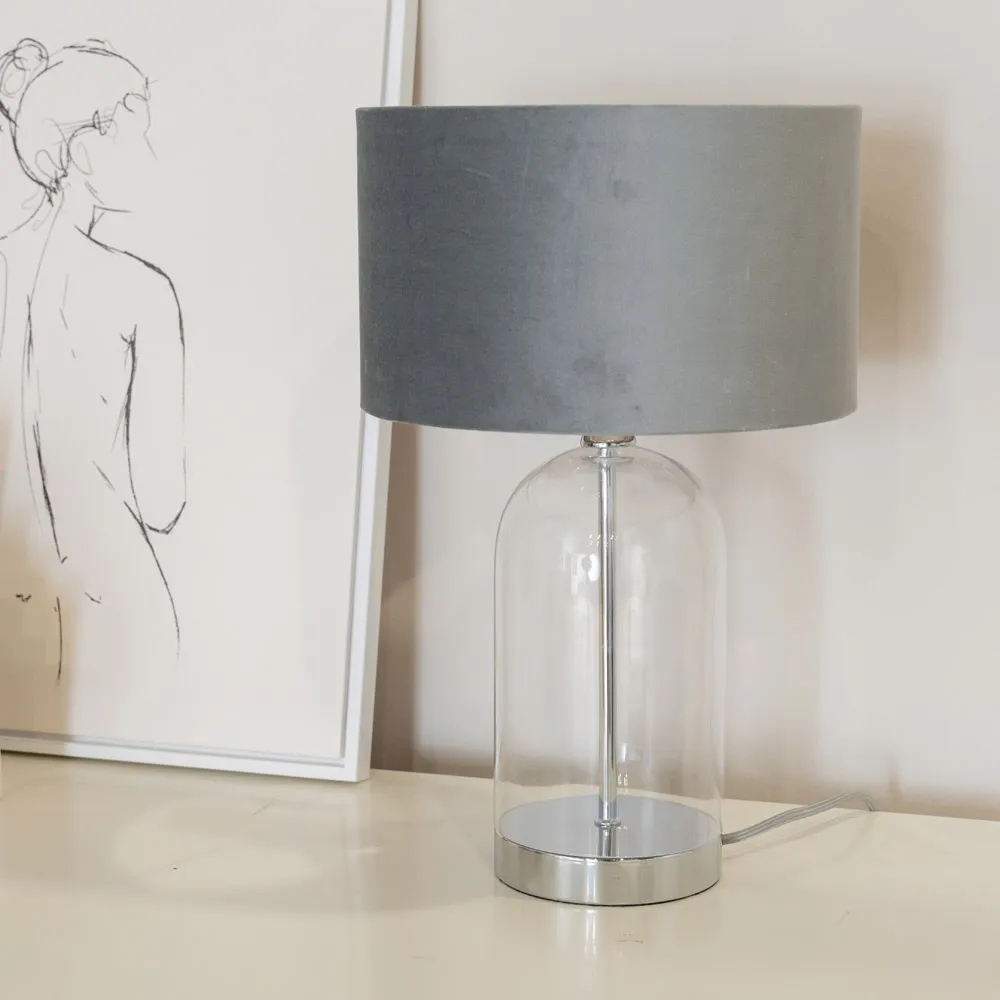 Jessy Glass Table Lamp with Velvet Shade - Grey, Glass