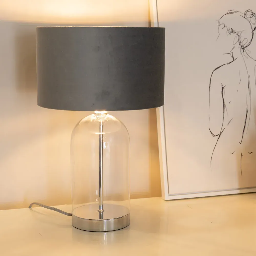 Jessy Glass Table Lamp with Velvet Shade - Grey, Glass