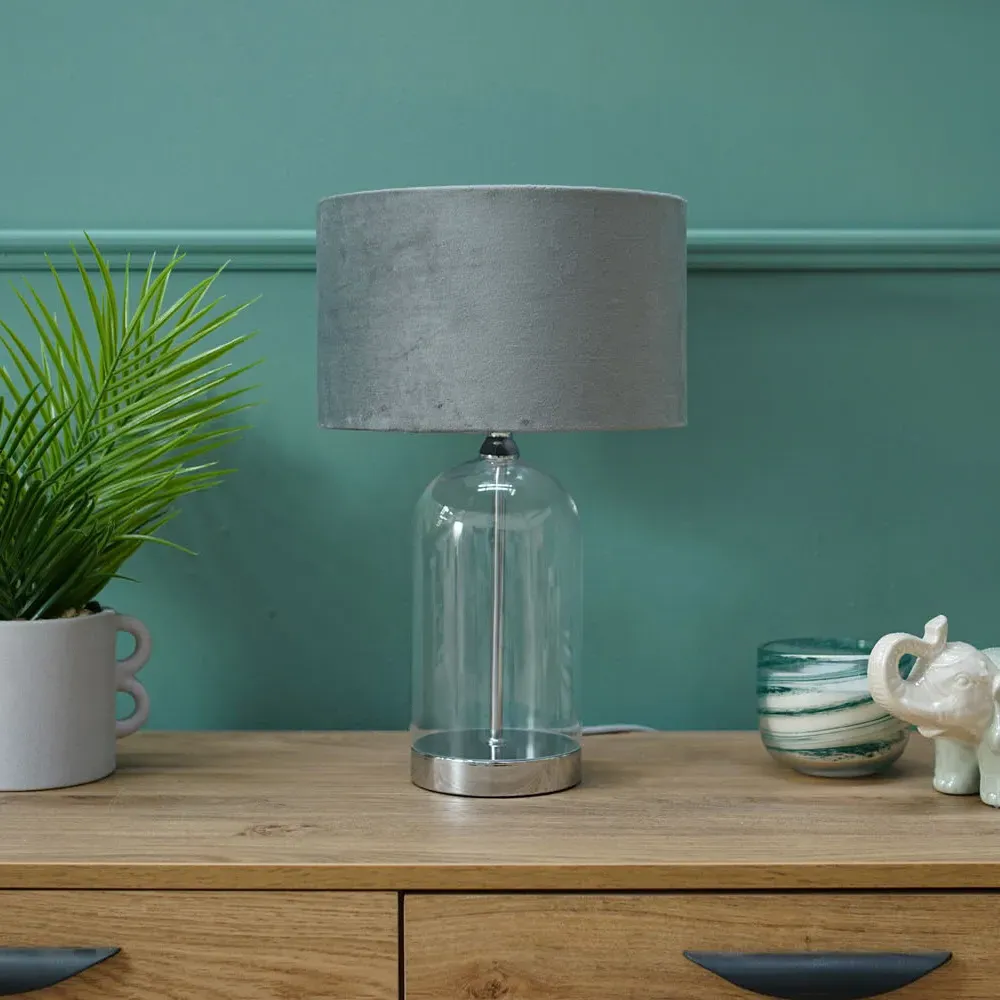 Jessy Glass Table Lamp with Velvet Shade - Grey, Glass
