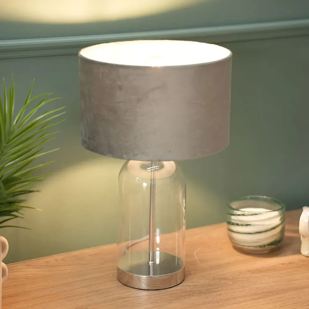 Jessy Glass Table Lamp with Velvet Shade - Grey, Glass