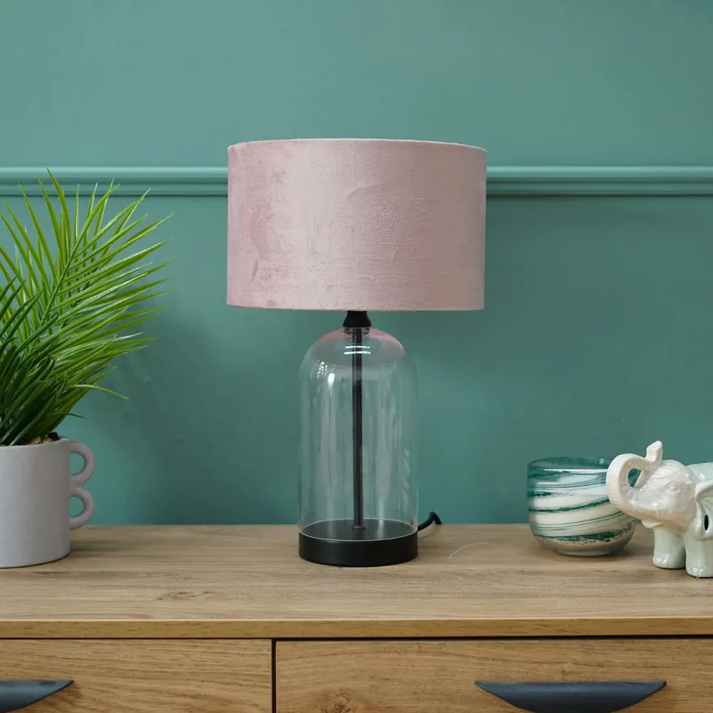 Jessy Glass Table Lamp with Velvet Shade - Pink, Glass