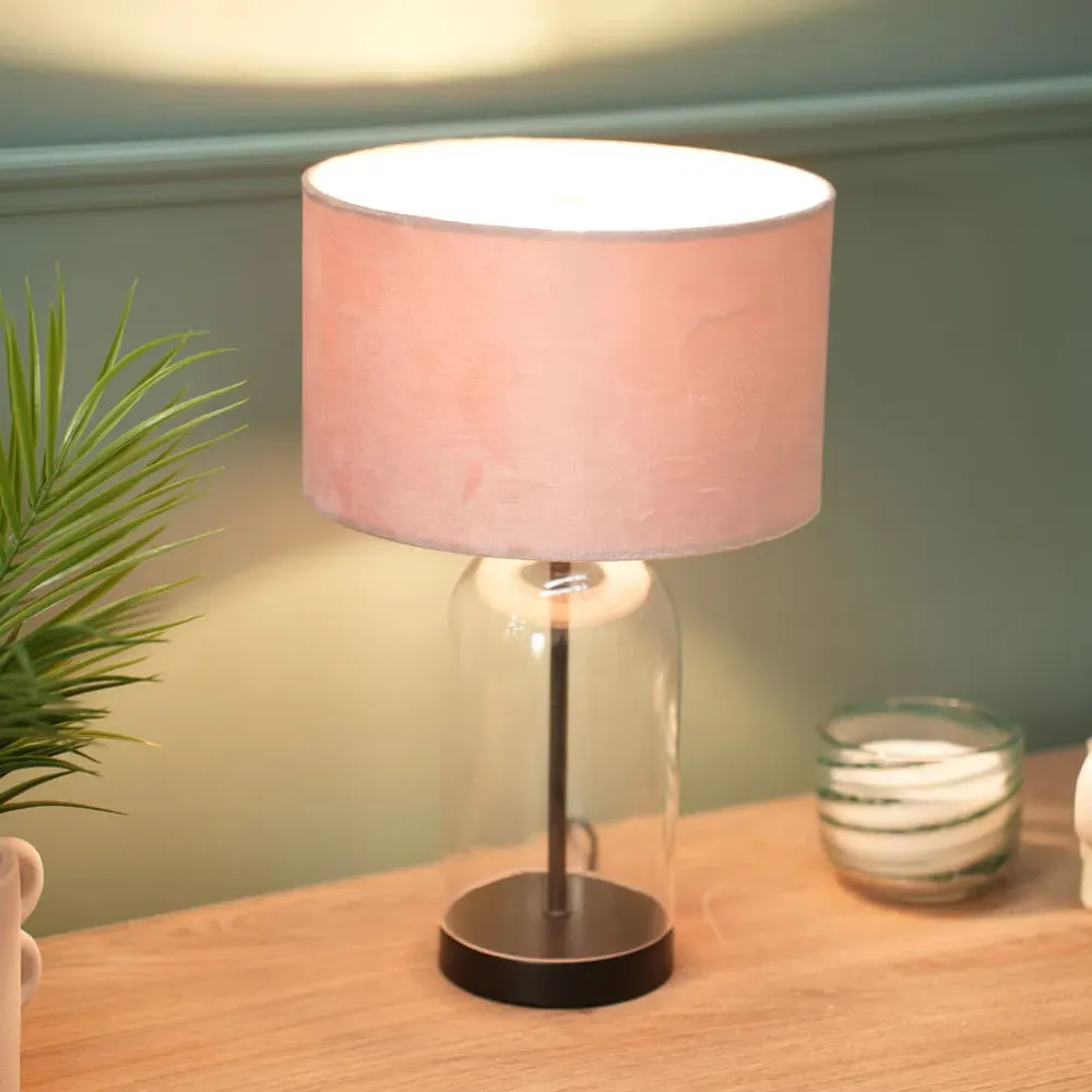 Jessy Glass Table Lamp with Velvet Shade - Pink, Glass