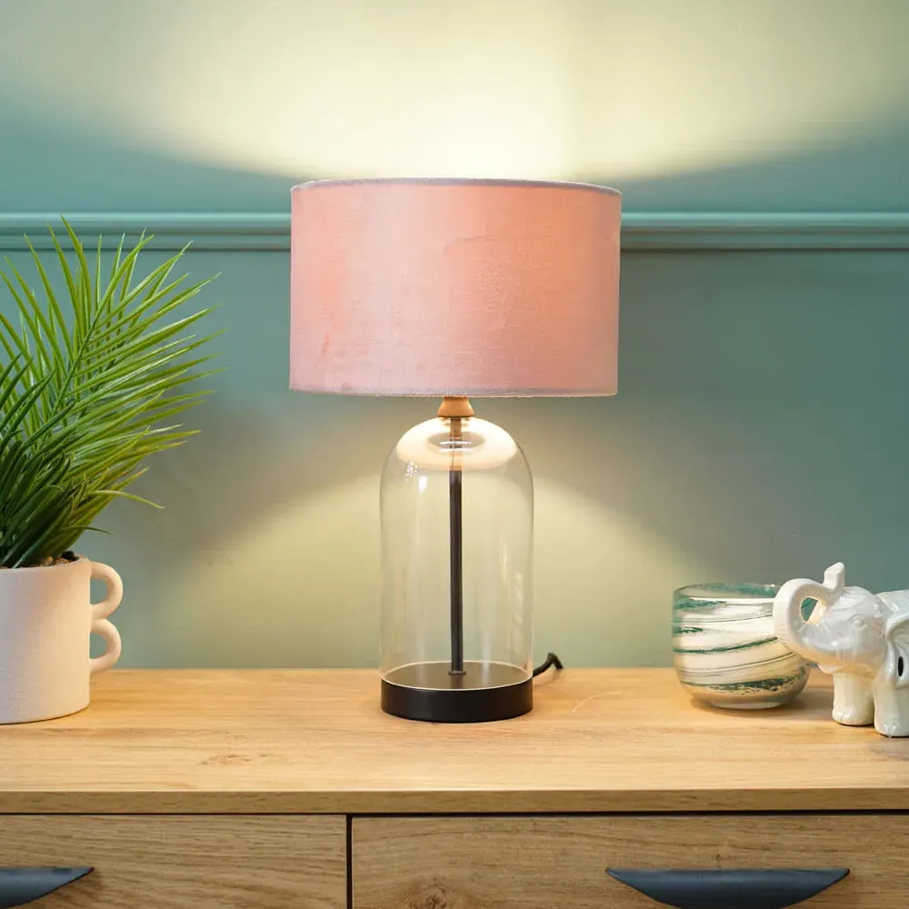 Jessy Glass Table Lamp with Velvet Shade - Pink, Glass