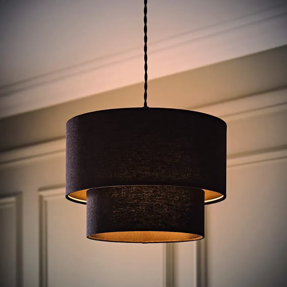 Jodie 2 Tier Ceiling Drum Lamp Shade - Black, Linen