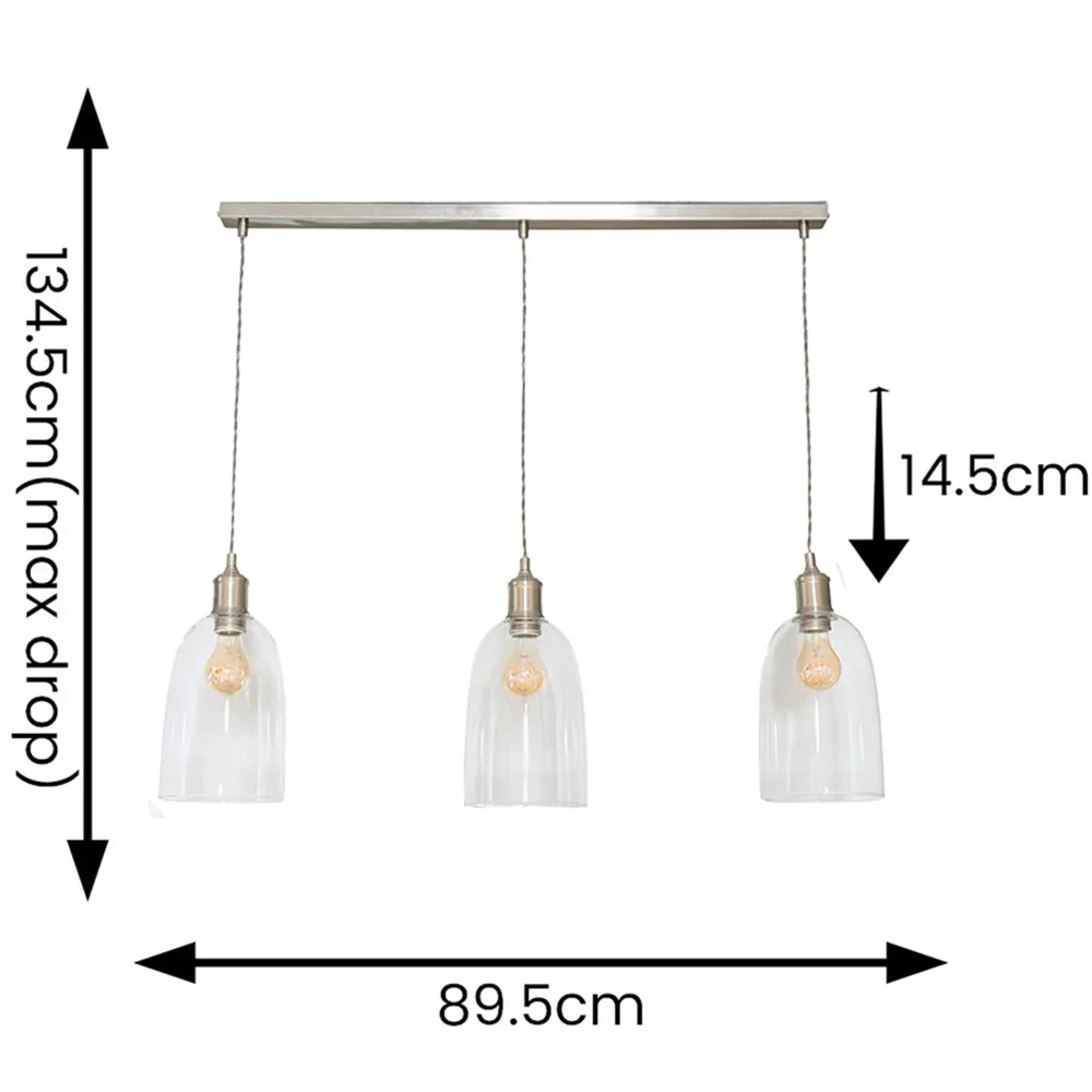 Kira 3 Drop Bar Ceiling Pendant Light - Brushed Chrome, Glass