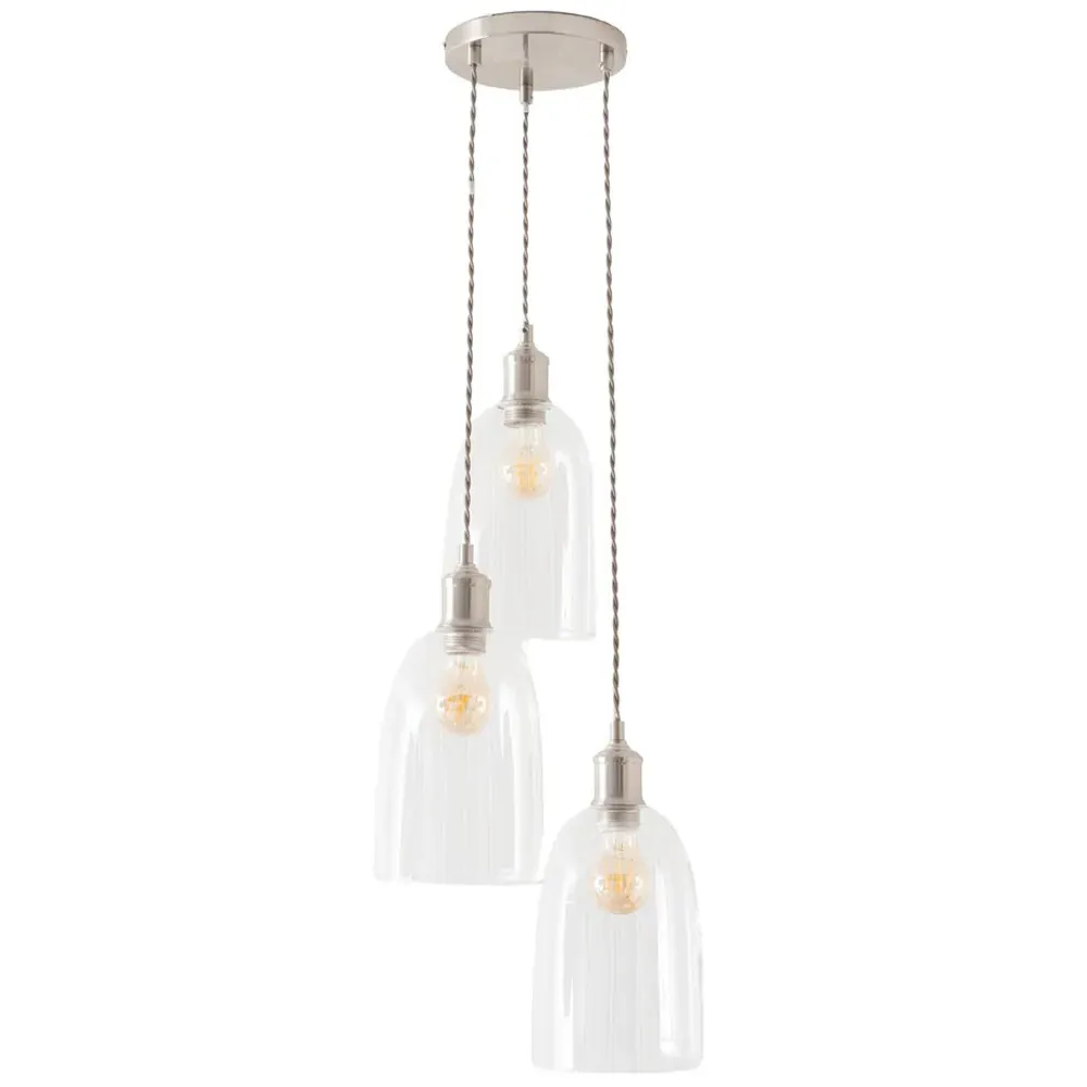 Kira 3 Drop Cluster Ceiling Pendant Light - Brushed Chrome, Glass