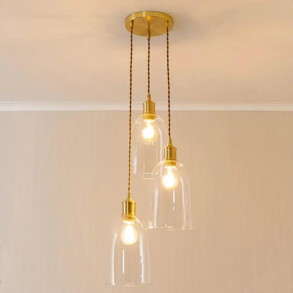 Kira 3 Drop Cluster Ceiling Pendant Light - Brushed Gold, Glass