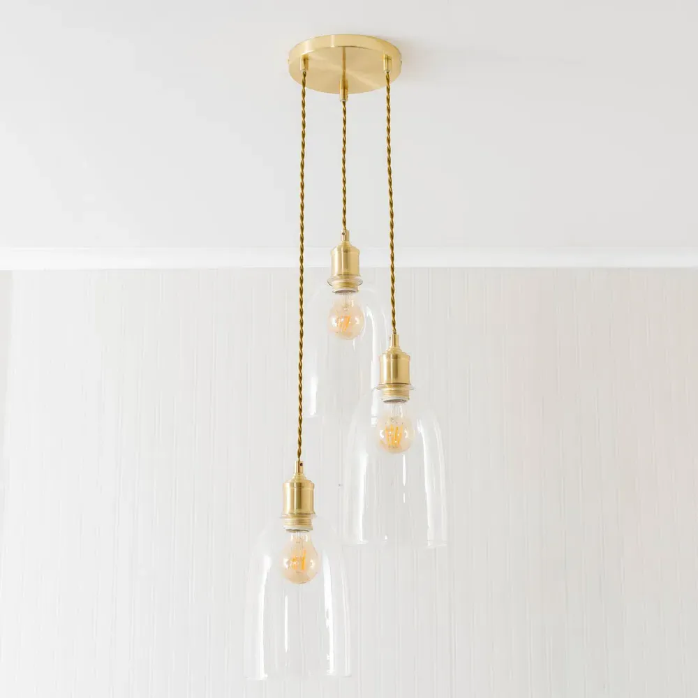 Kira 3 Drop Cluster Ceiling Pendant Light - Brushed Gold, Glass
