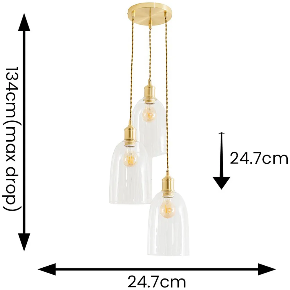 Kira 3 Drop Cluster Ceiling Pendant Light - Brushed Gold, Glass