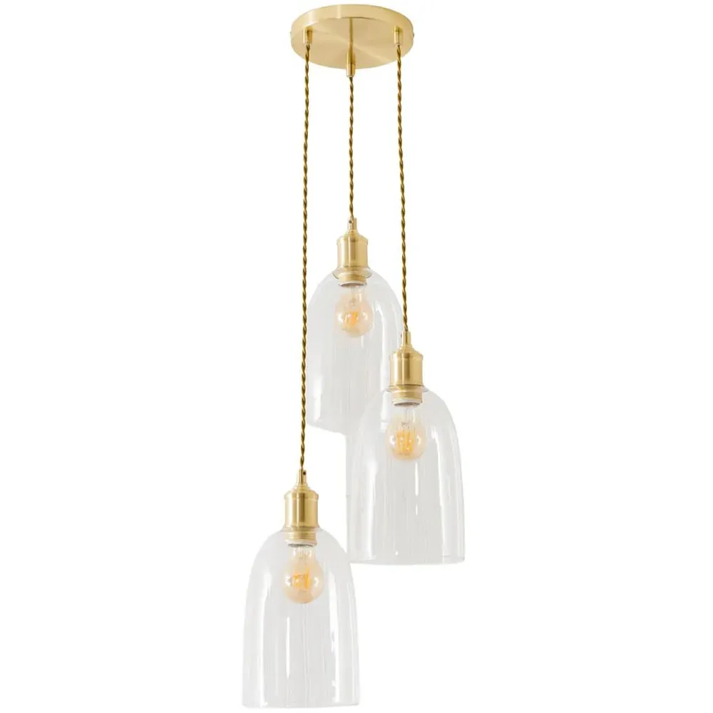 Kira 3 Drop Cluster Ceiling Pendant Light - Brushed Gold, Glass