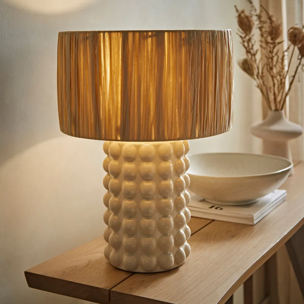 Kiran Raffia Shade Ceramic Stone Bubble LED Table Lamp - Cream