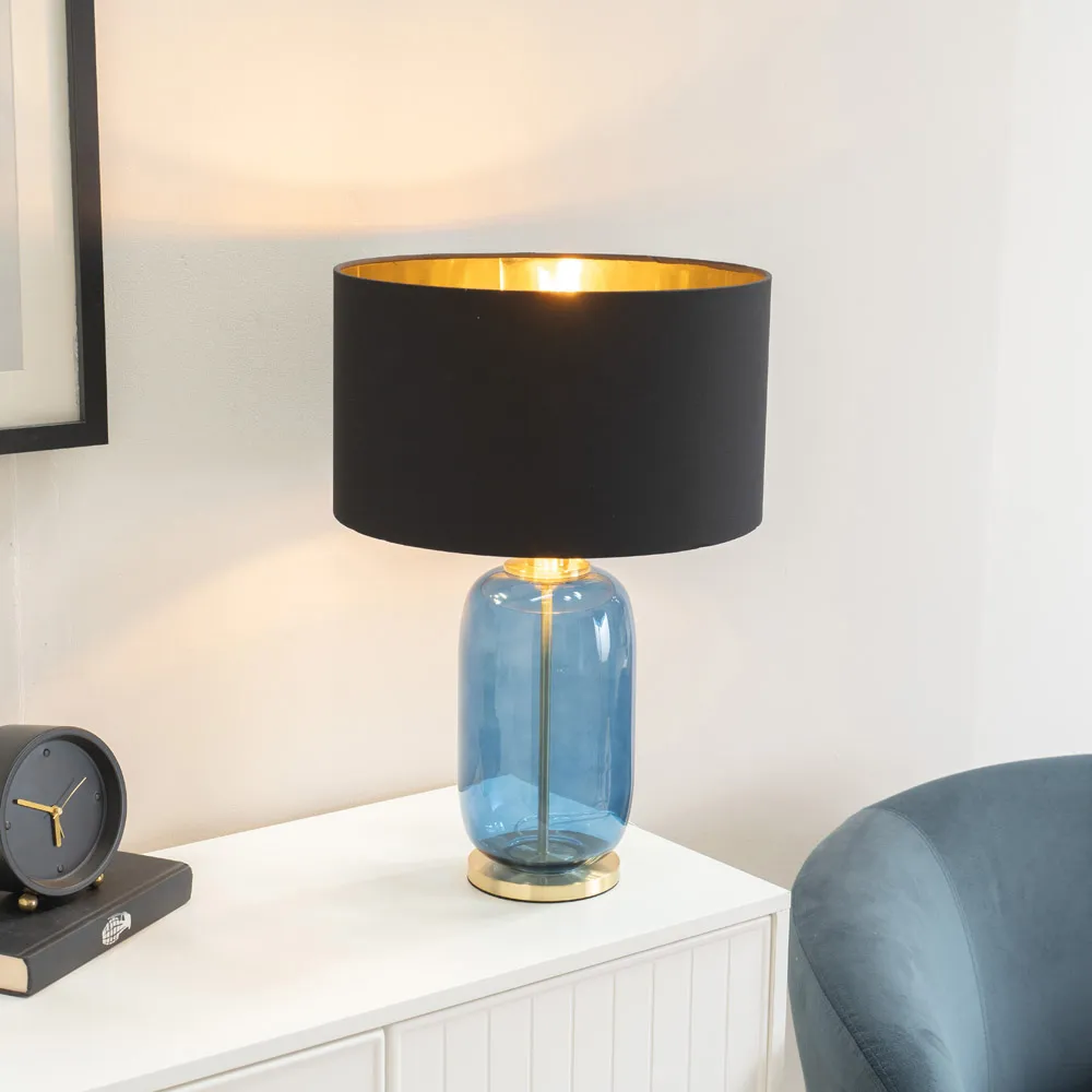 Leigh Reni Drum Shade LED Table Lamp - Black, Glass