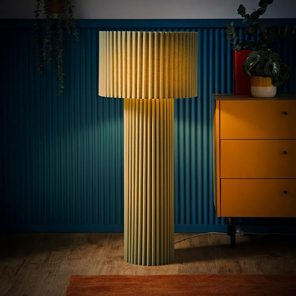 Lenny Drum Floor Lamp with LED Bulb - Green, Ribbed Fabric
