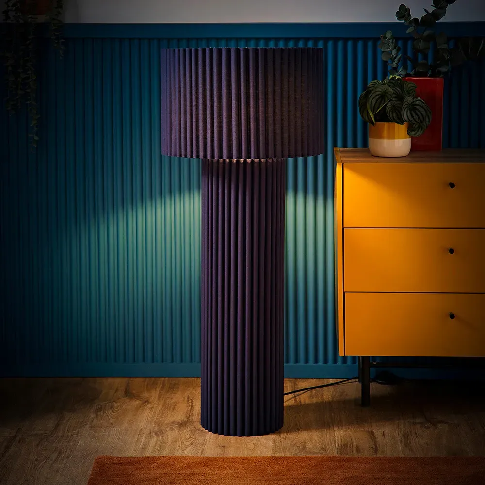 Lenny Drum Floor Lamp with LED Bulb - Navy Blue, Ribbed Fabric