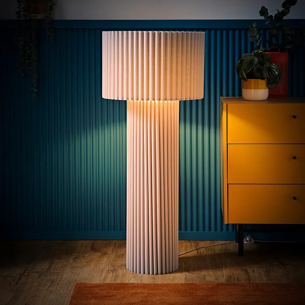 Lenny Drum Floor Lamp with LED Bulb - Stone Grey, Ribbed Fabric