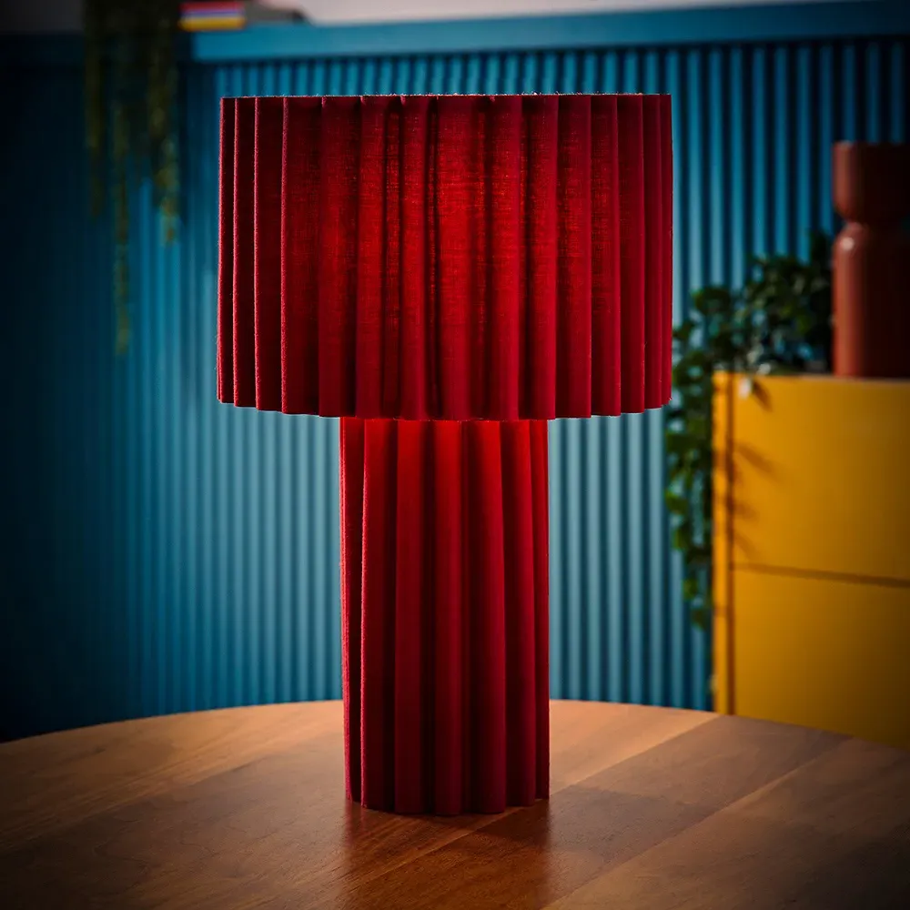 Lenny Drum Table Lamp with LED Bulb - Burgundy, Fabric