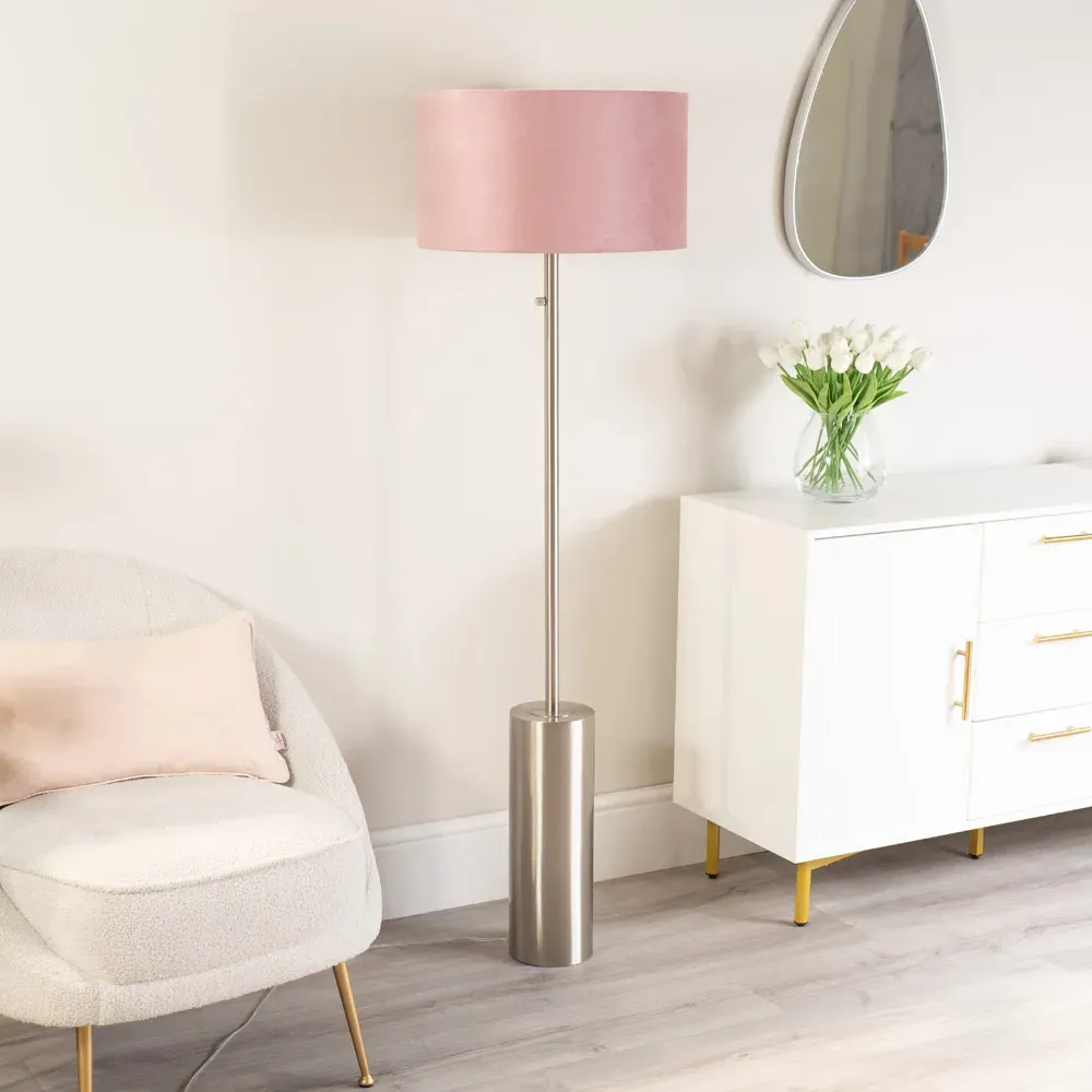 Lexy Drum Shade LED Floor Lamp with Dimmer - Blush Pink, Chrome
