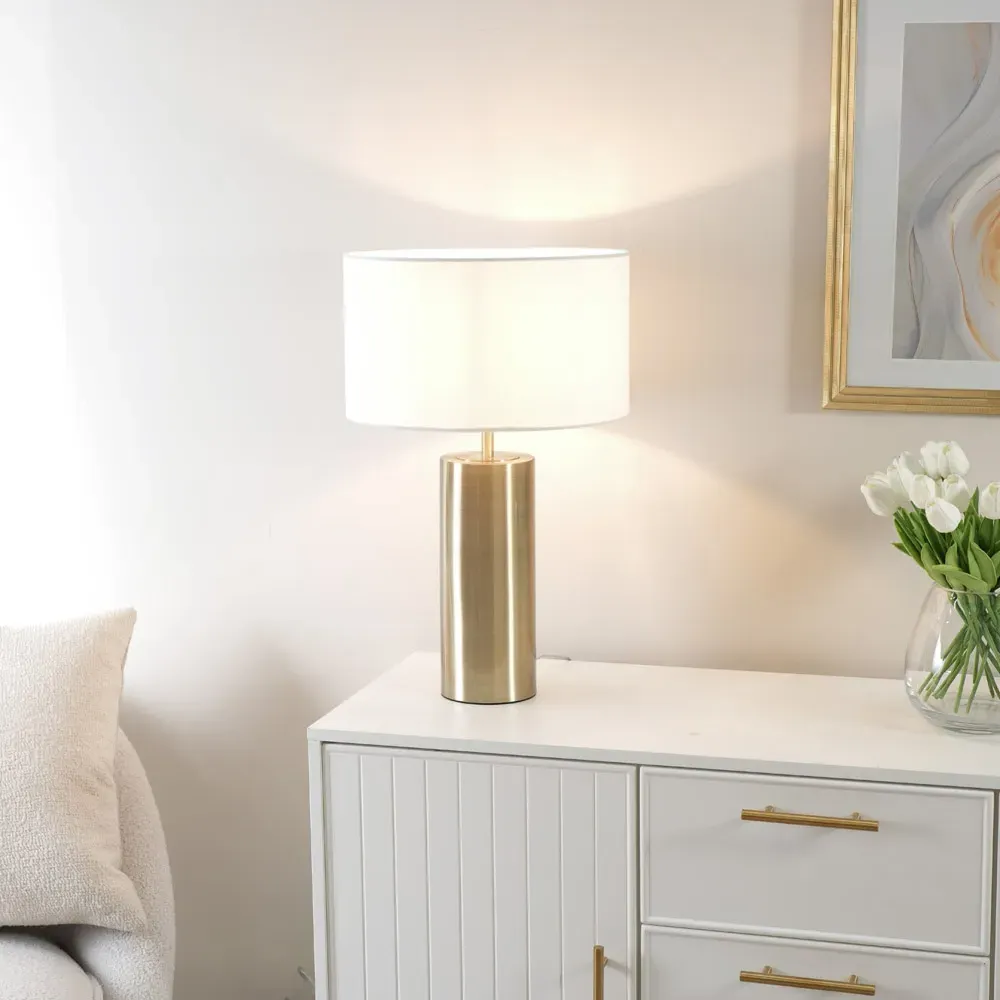 Lexy Reni Drum Shade Touch Table Lamp - White, Antique Brass