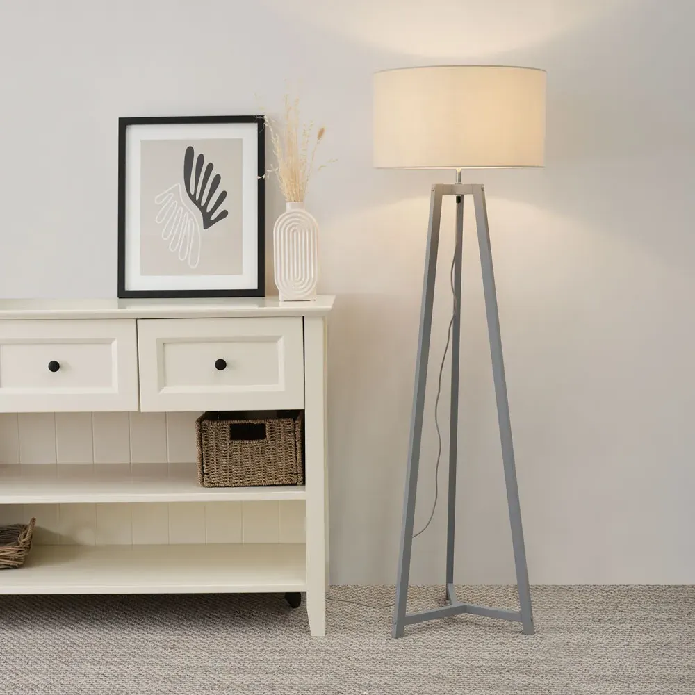 Lottie Tripod Floor Lamp - Grey Wood, Natural Fabric