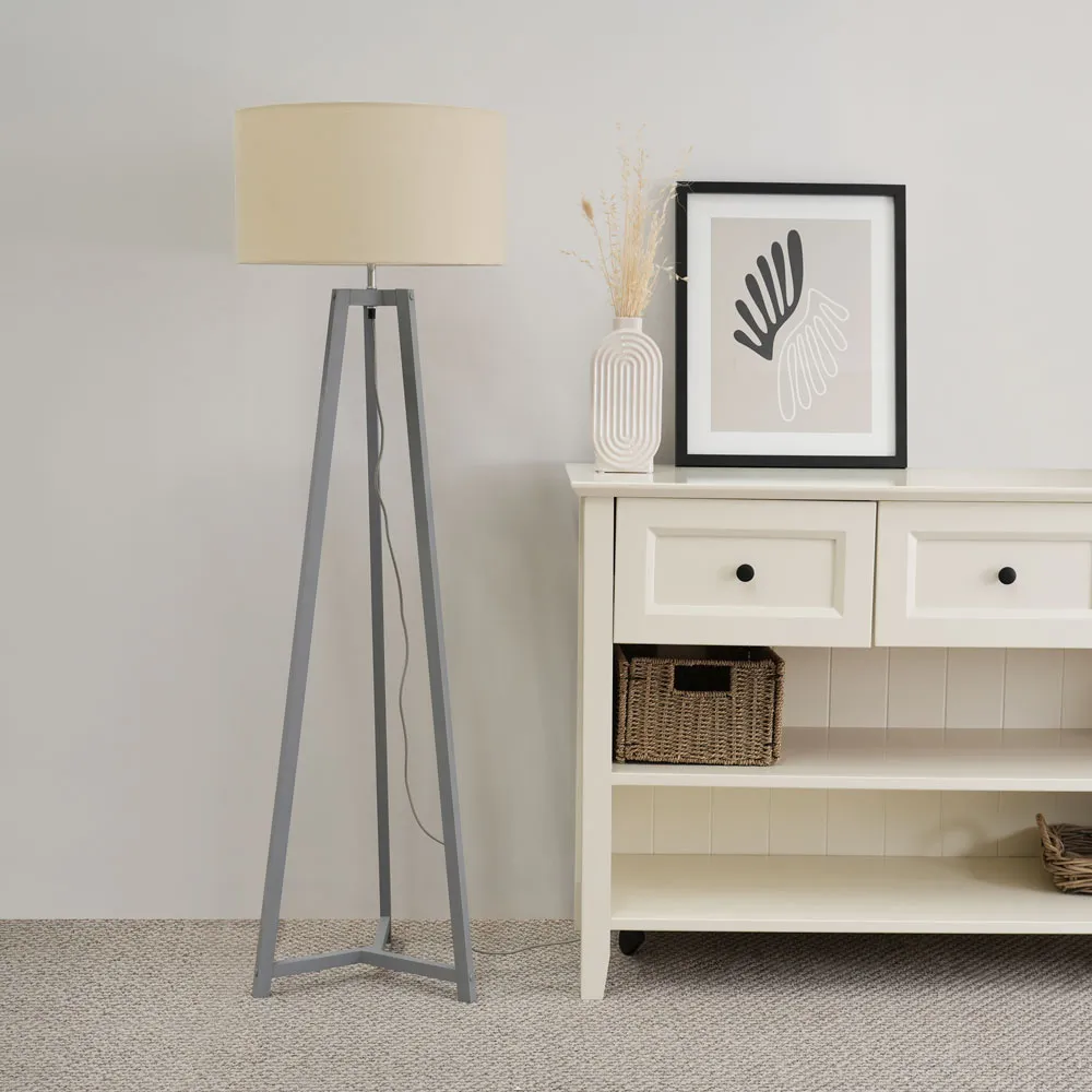 Lottie Tripod Floor Lamp - Grey Wood, Natural Fabric
