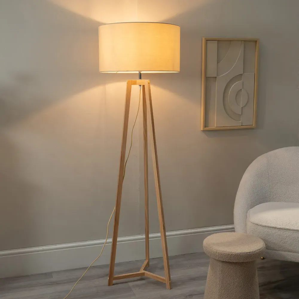 Lottie Tripod Floor Lamp - Natural Wood, Natural Fabric