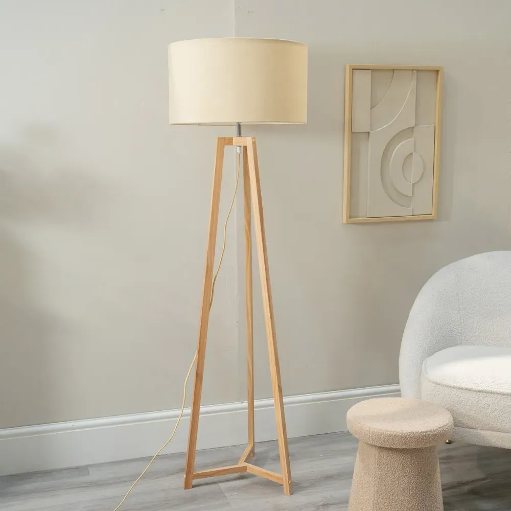 Lottie Tripod Floor Lamp - Natural Wood, Natural Fabric