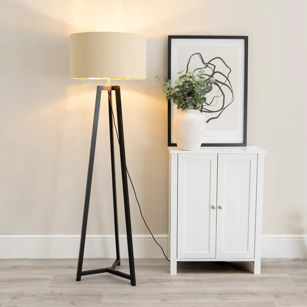 Lottie Tripod Floor Lamp with Beige Gold Drum Shade - Black, Wood