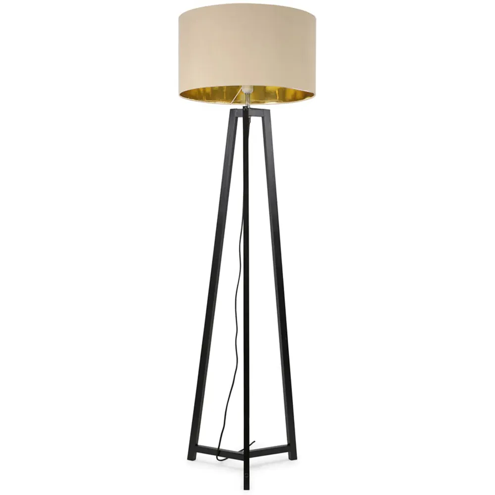 Lottie Tripod Floor Lamp with Beige Gold Drum Shade - Black, Wood